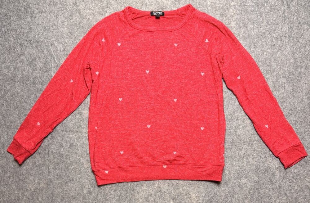 Buffalo David Bitton Womens S Red Pink Heart Pullover Sweatshirt Knit Raglan